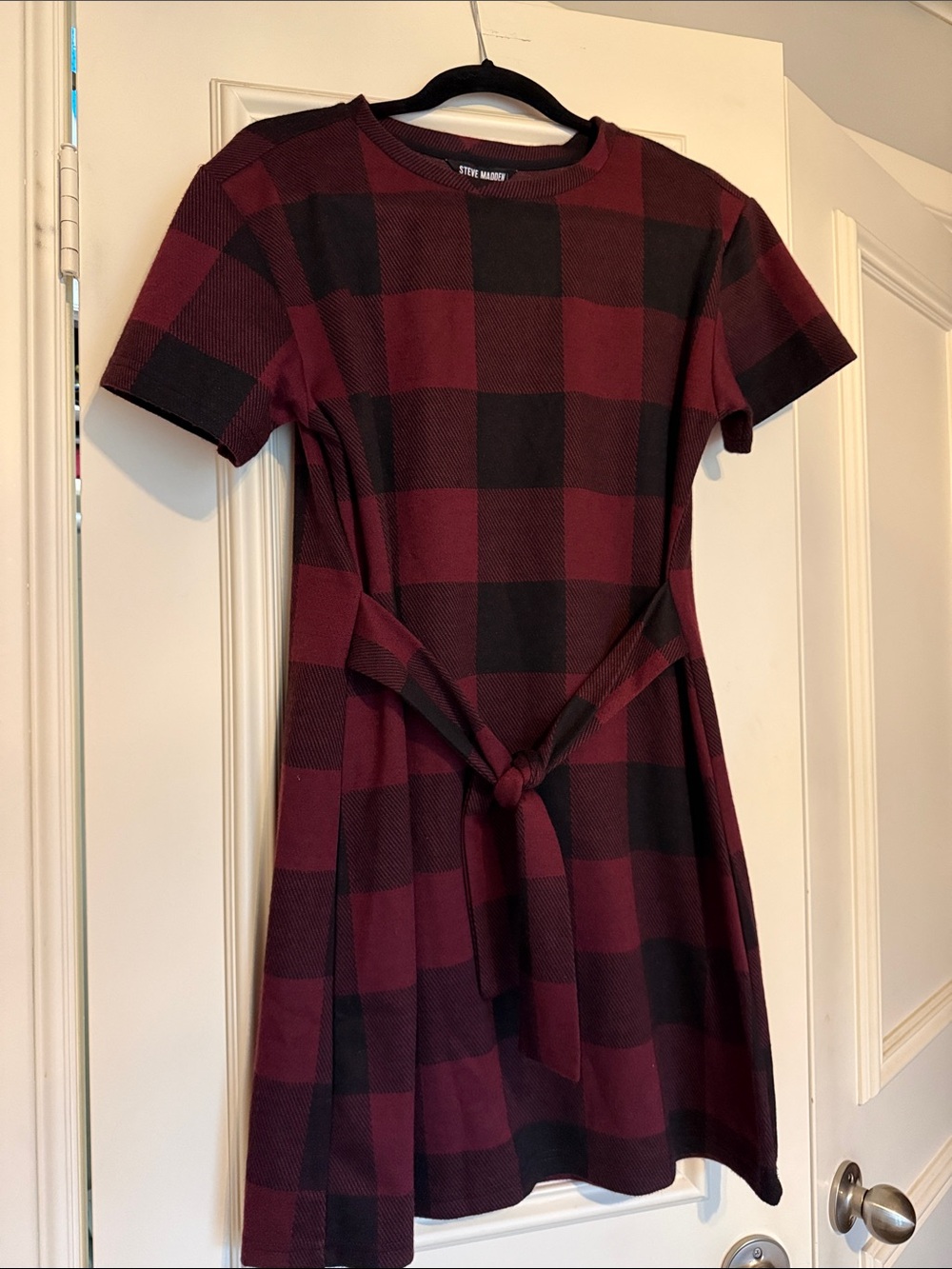 Steve Madden Burgundy and Black Buffalo Plaid Tie-Front Dress